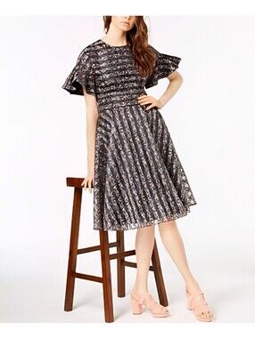 Jill Jill Stuart Black & Pink Floral Stripe Printed Ruffled Sleeve Dress Size 6
